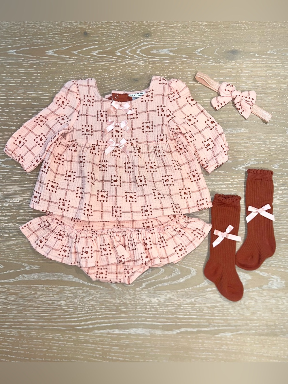 Nicole Miller Baby Girl Floral 4 Piece Outfit Set 6-9M Rust Rose Pink Bow Dress
